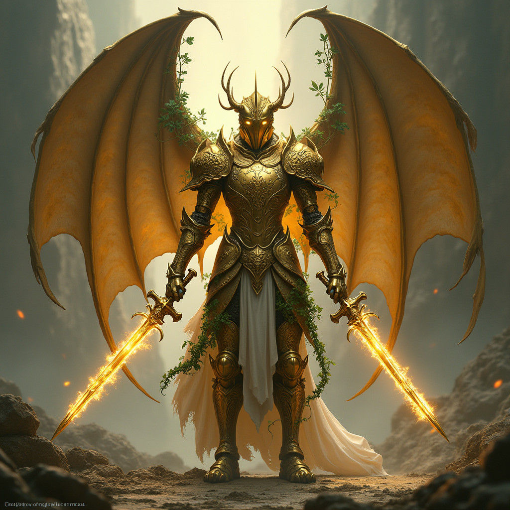 Ornate Gold Knight with Dragon Wings, Matte Painting