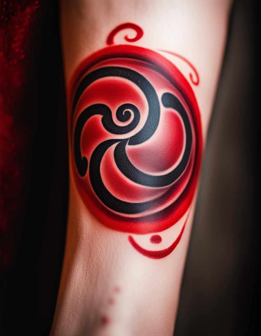 A triskelion design tattoo in red ink on the arm of a woman