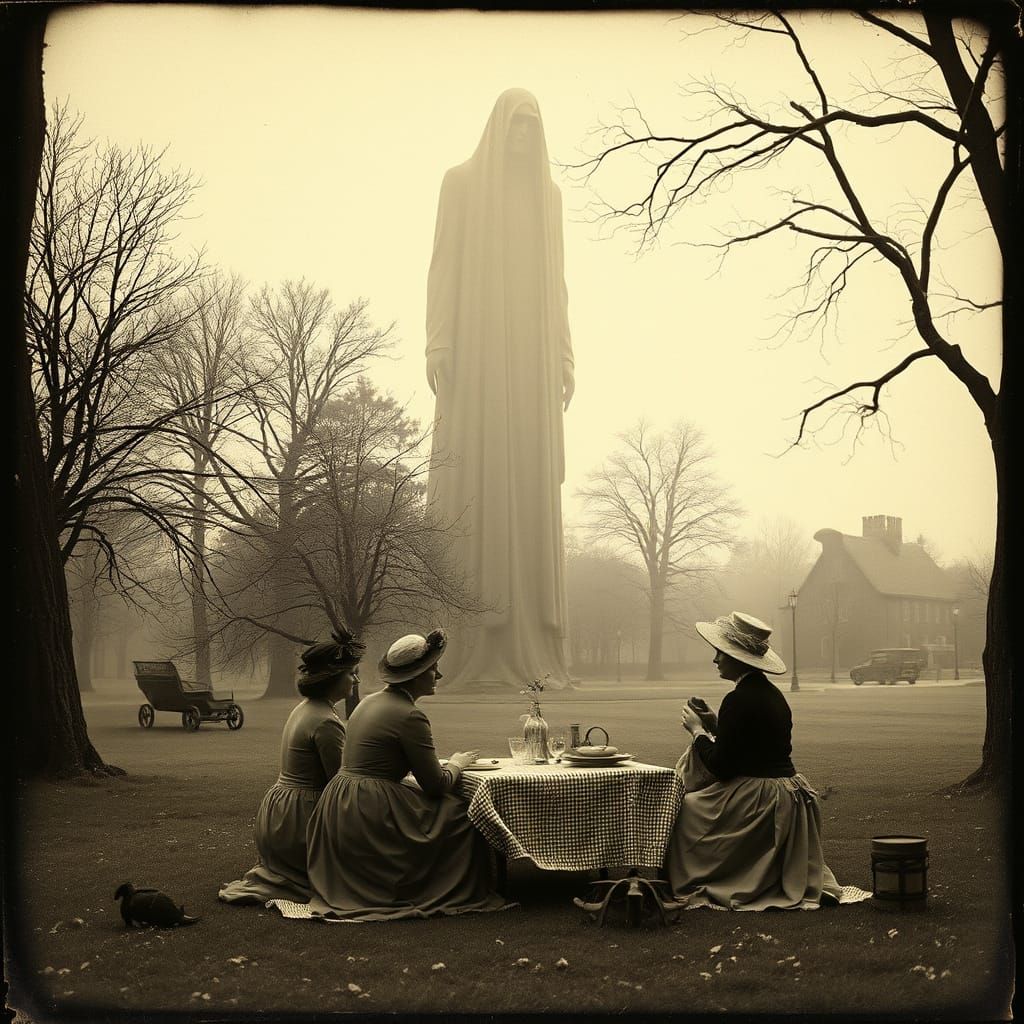Victorian Figures Picnicking Under Mysterious Shadow