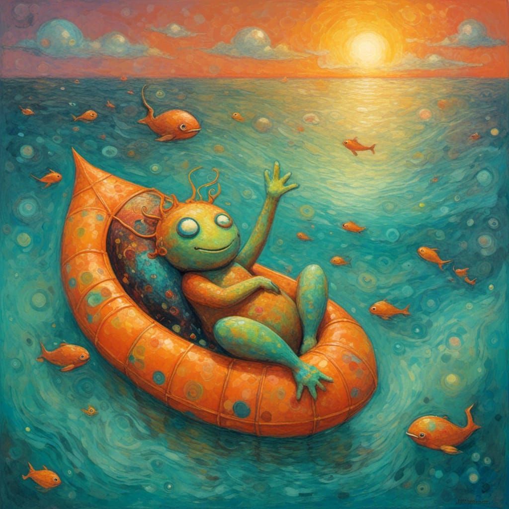 Cute Aliens in a Boat at Sunset