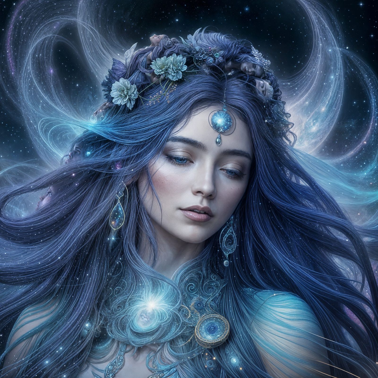 Celestial Goddess in Cosmic Garden, Ethereal Fantasy Art