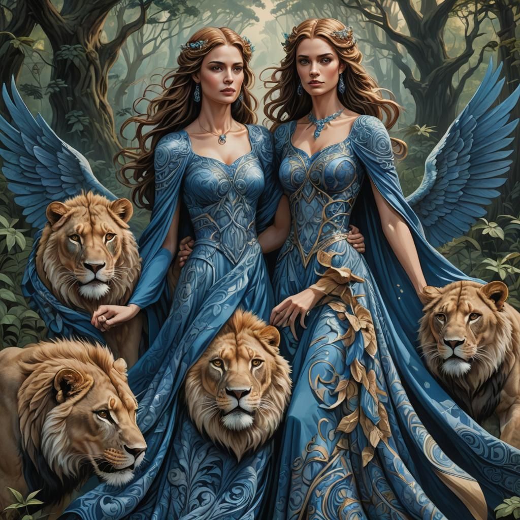 Mythic Woman with Lions in Fantasy Art Style