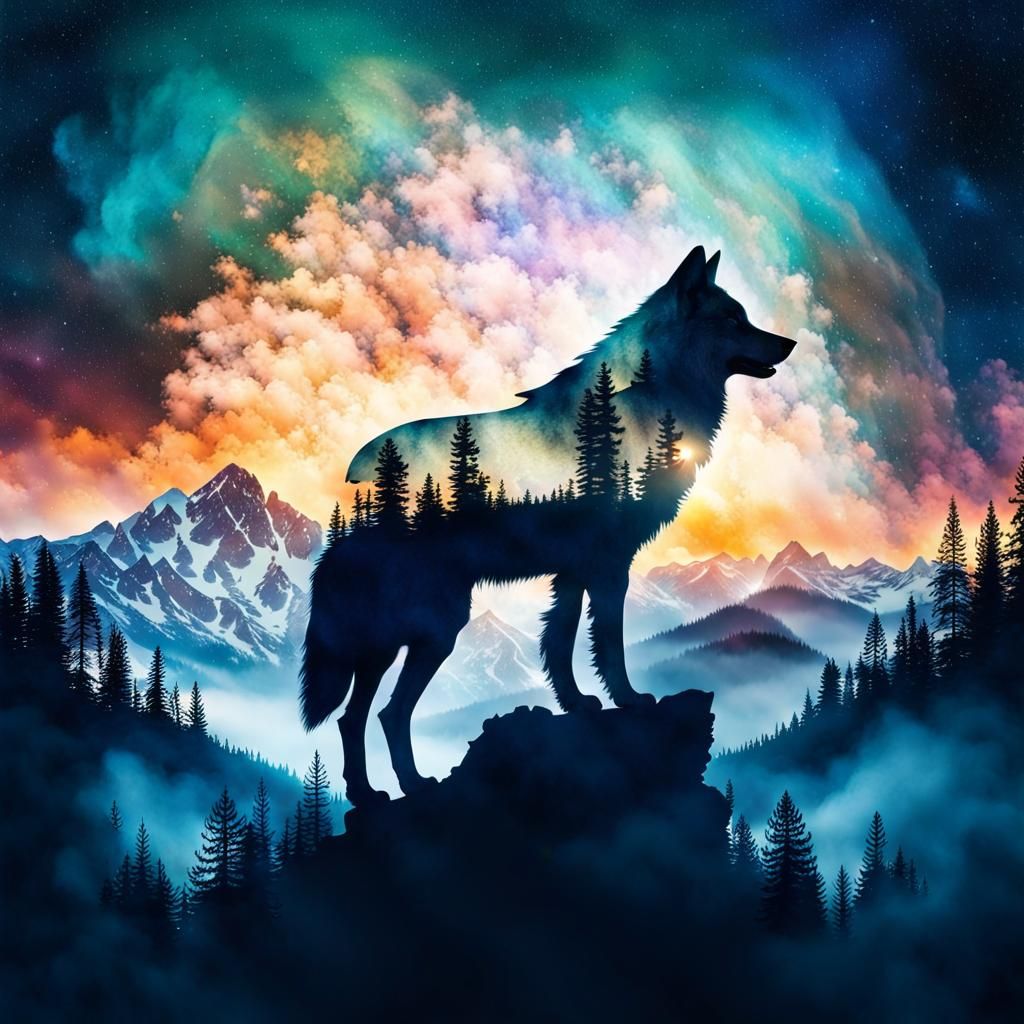 Mystical Wolf Silhouette Double Exposure Art