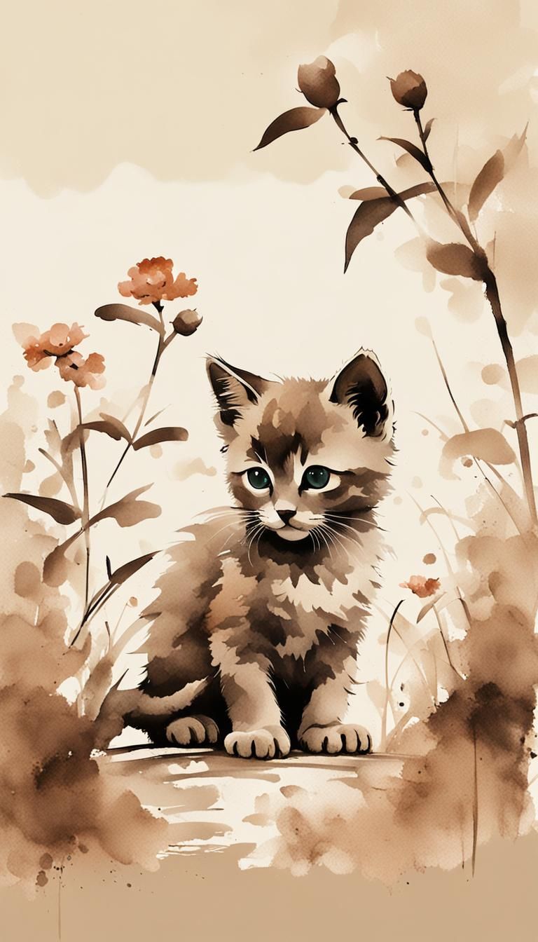 Minimalist Kitten and Flower Garden in Ink Painting