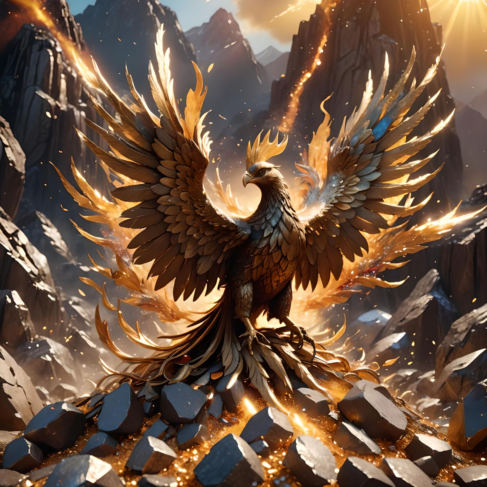 Phoenix Rising from Ashes with Golden Glitter