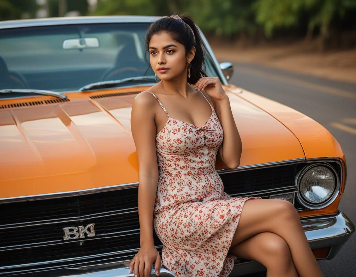Kerala Woman on Muscle Car: Realistic Portrait Photography
