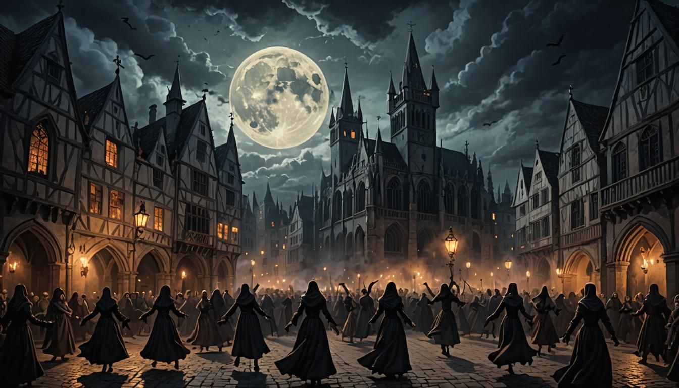 Eerie Medieval Town Square with Ghostly Dancers