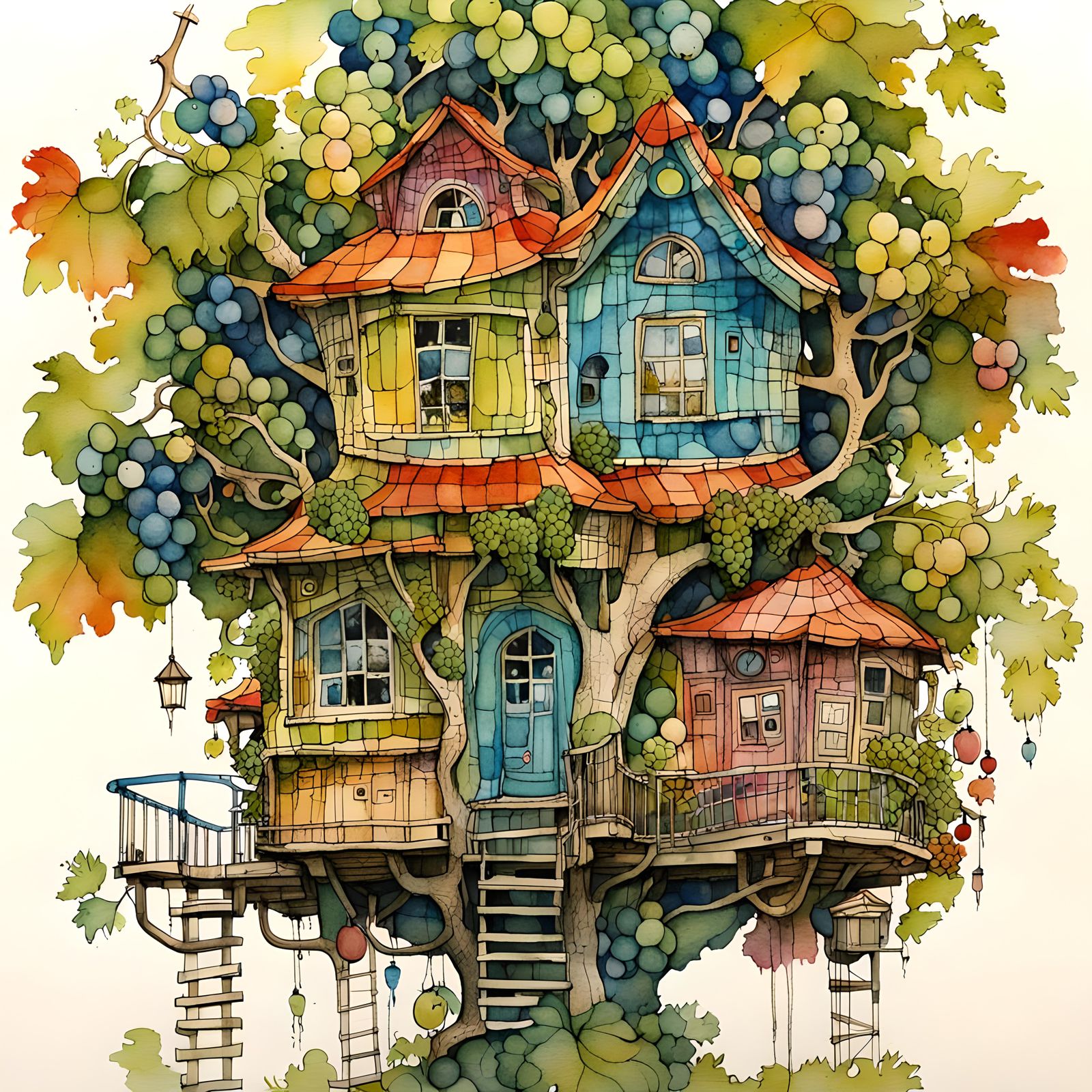 Grape Treehouse in Watercolour Style