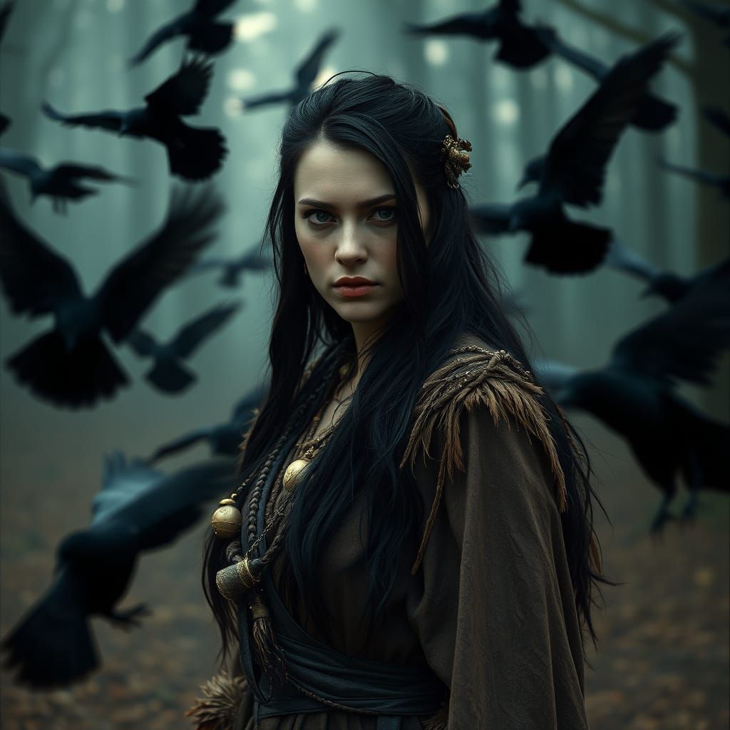 Mystical Forest Sorceress with Crows
