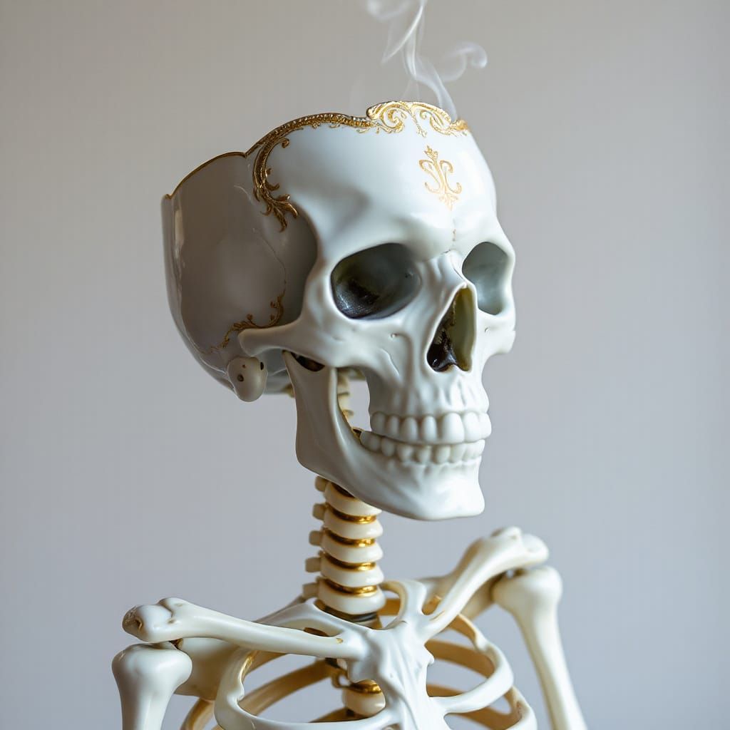 Regal Skeleton Rises as Gilded Porcelain Coffee Cup
