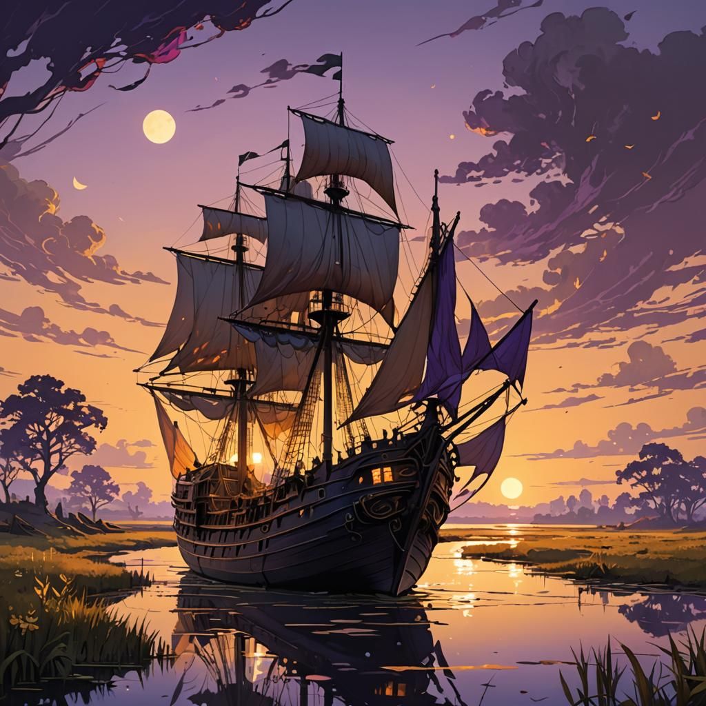 Trading Ship Sails Through Marshes: Fantasy Art