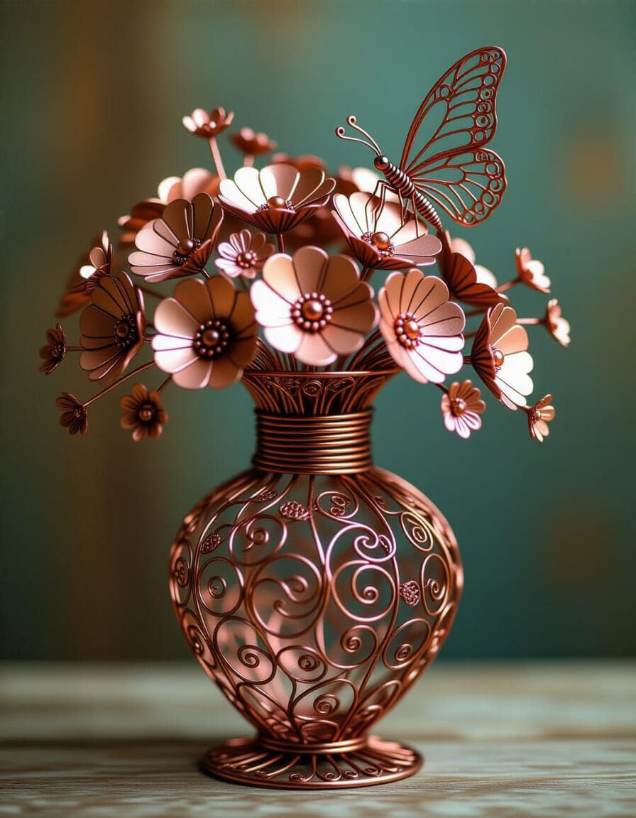 Copper Wire Vase with Filigree Butterfly Sculpture