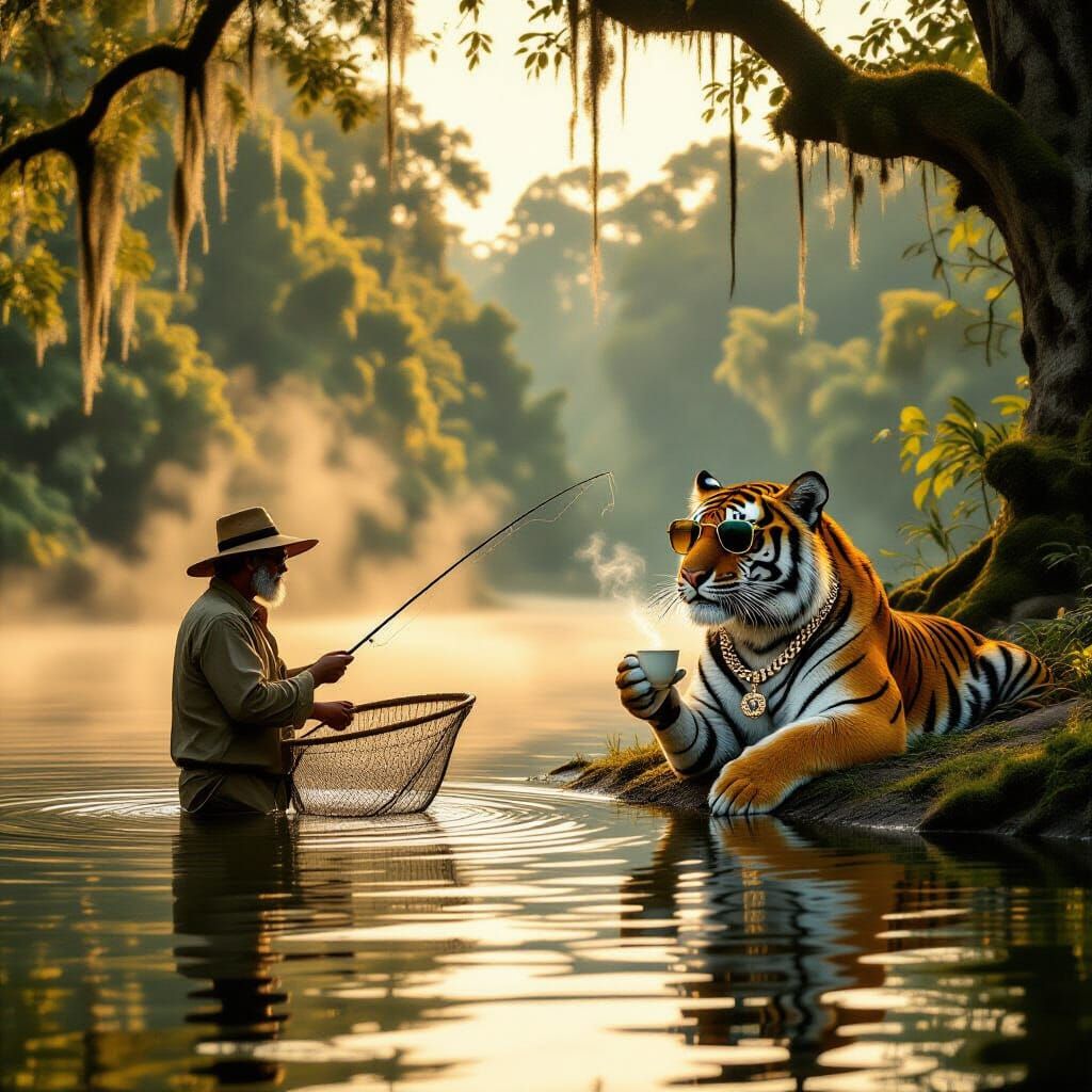 Fisherman and Tiger in Misty Lake, Cinematic Style