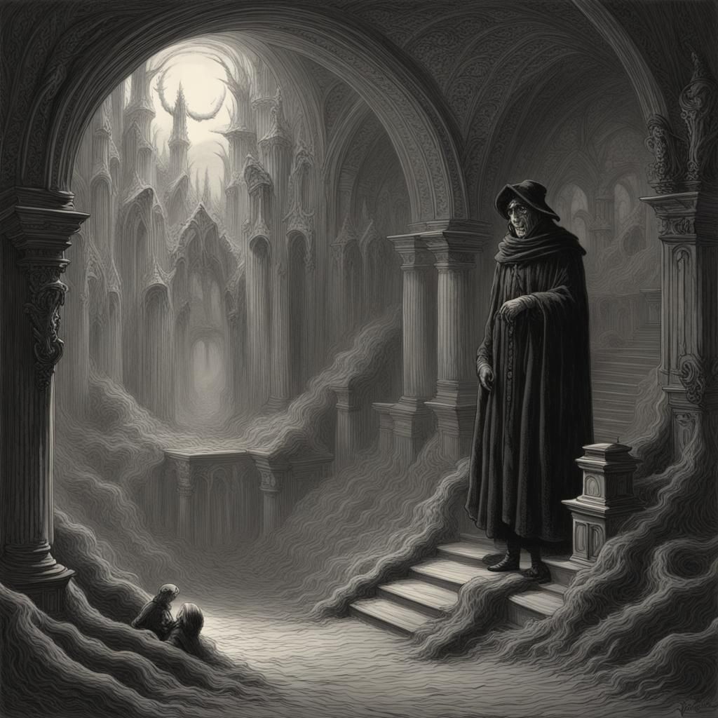 Chilling Horror Scene in Gothic Engraving Style