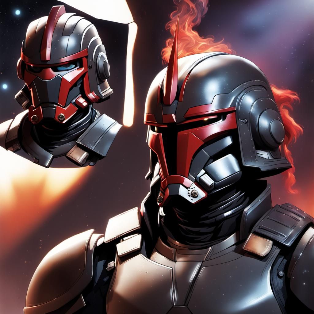 Shimmering Apache Indian in Space with Cybernetic Helmet