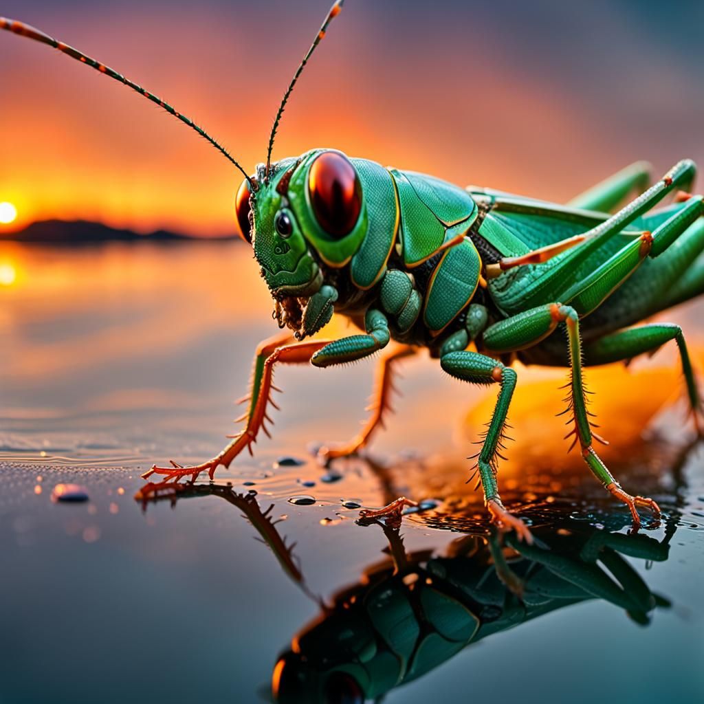 Macro Photography Grasshopper at Sunset