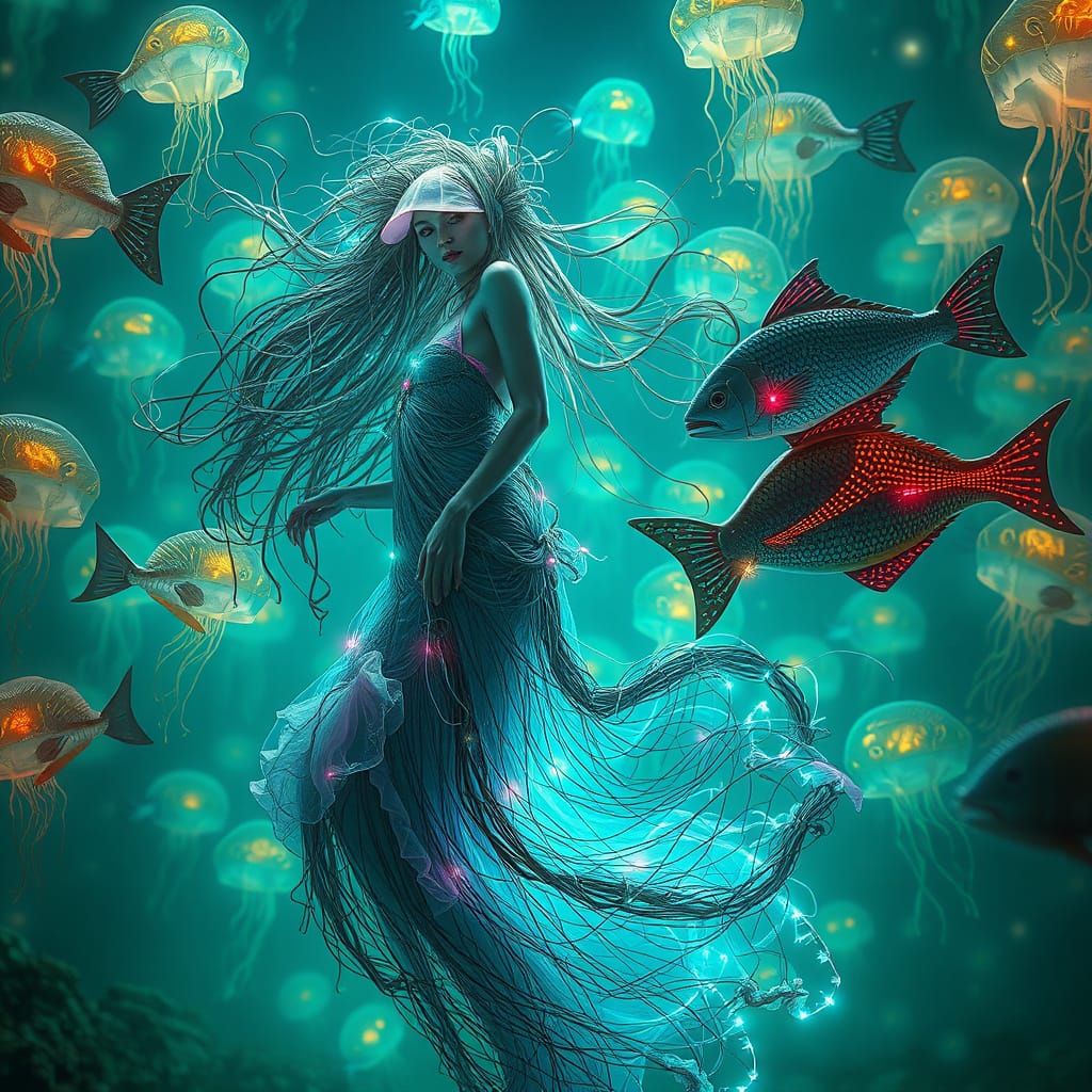 Cyberpunk Mermaid in Bioluminescent Underwater World