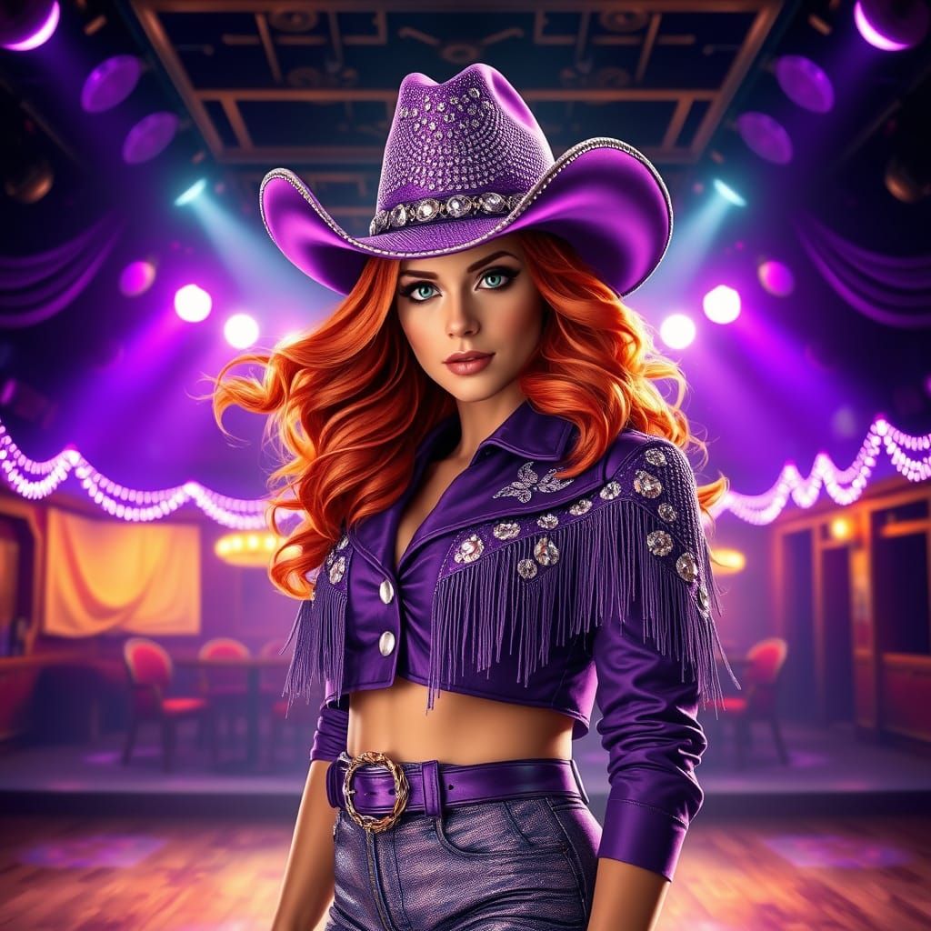 A fiery-haired cowgirl with voluminous waves wears a rhinestone-studded purple and silver cowboy hat. Her cropped jacket...