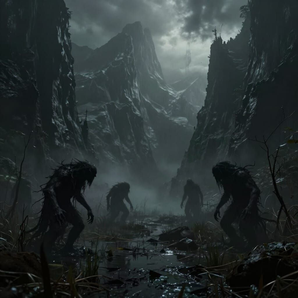 Shadow Beasts Haunt Eerie Mountain Pass Swamp