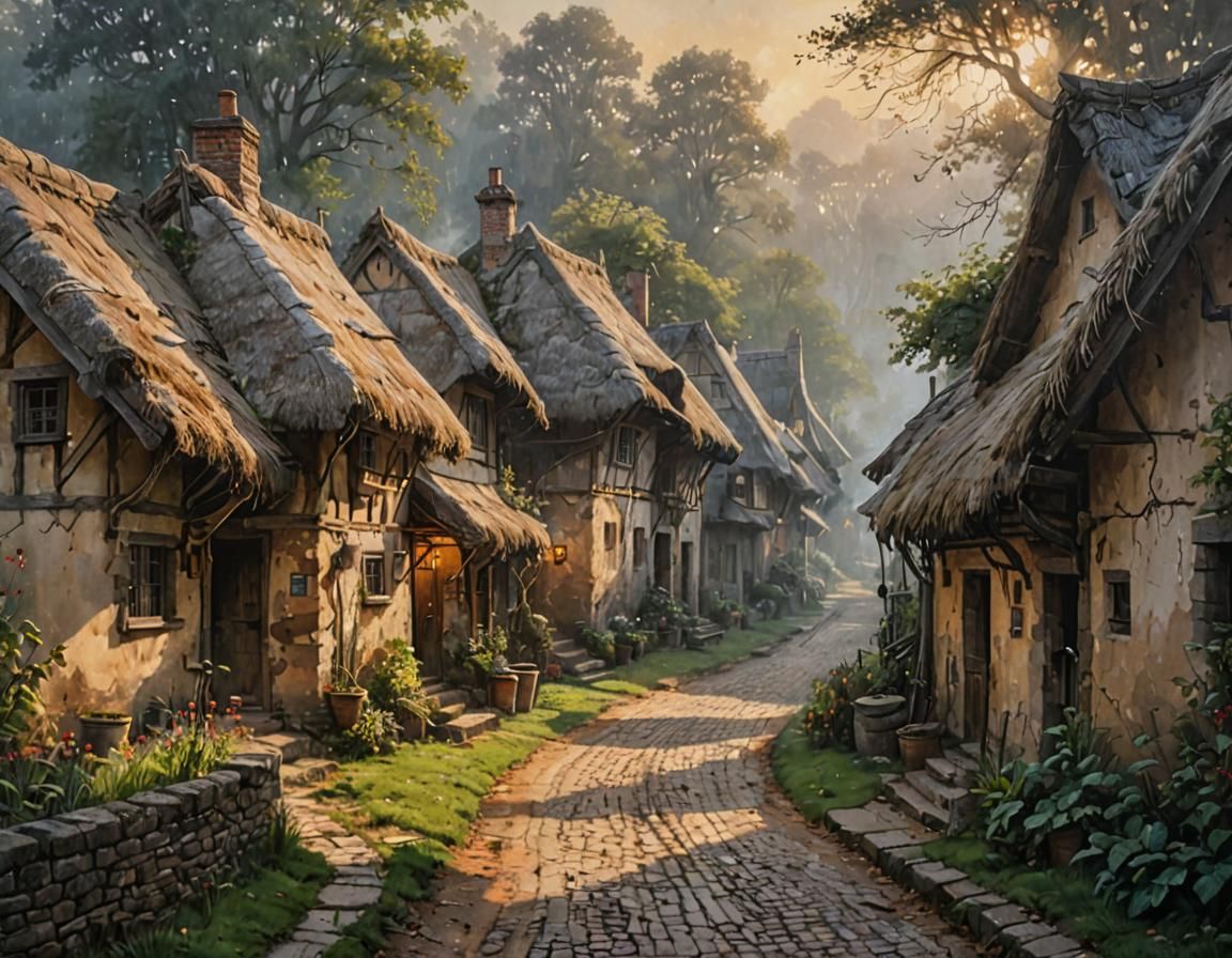 Rustic Village Houses in Morning Mist: Acrylic Painting