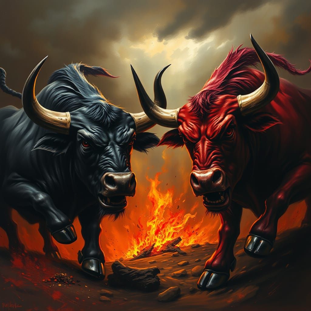 Furious Bulls Charge in Dramatic Dark Fantasy Style