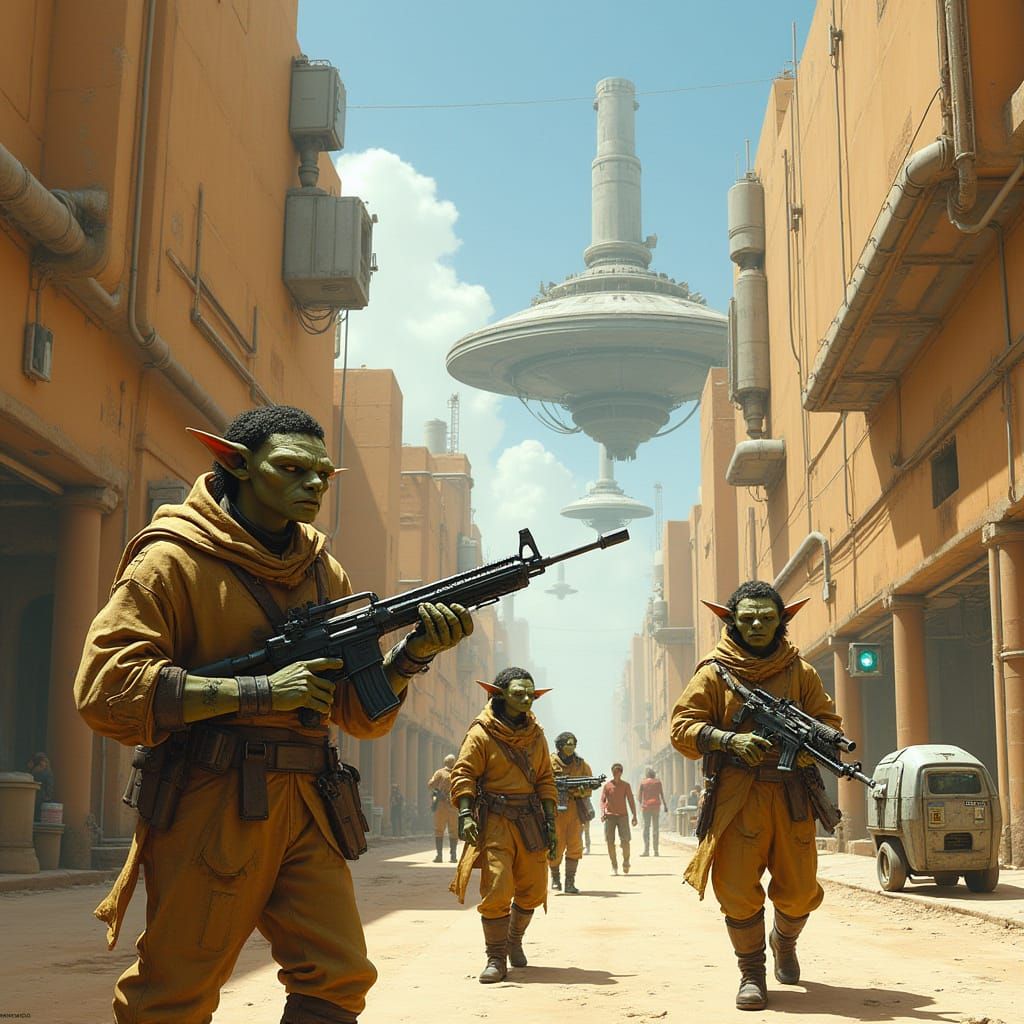 Cyberpunk Street Scene with Armed Humanoids and Futuristic R...