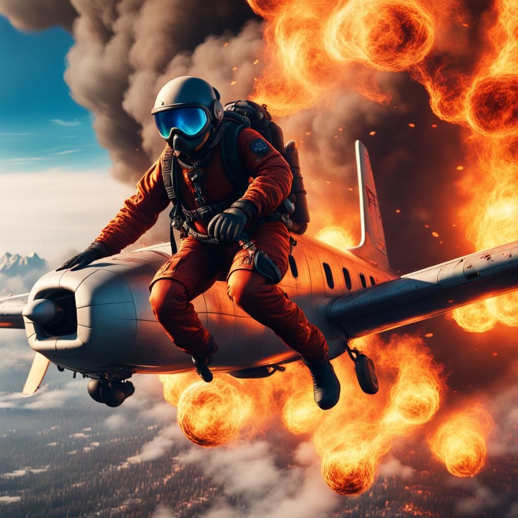 Parachutist Leaping from Burning Plane: Detailed Matte Paint...