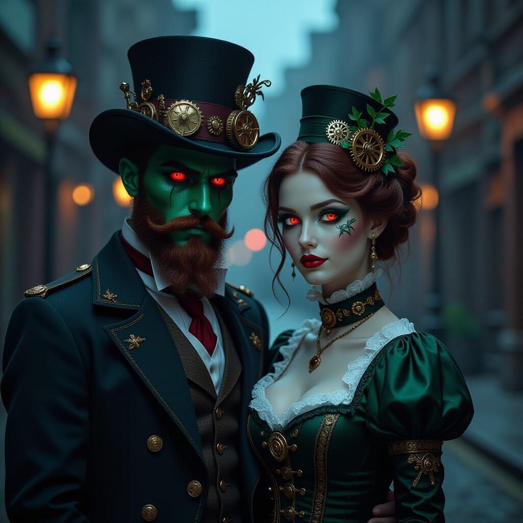 Steampunk Couple in Atmospheric Street, Horror Art