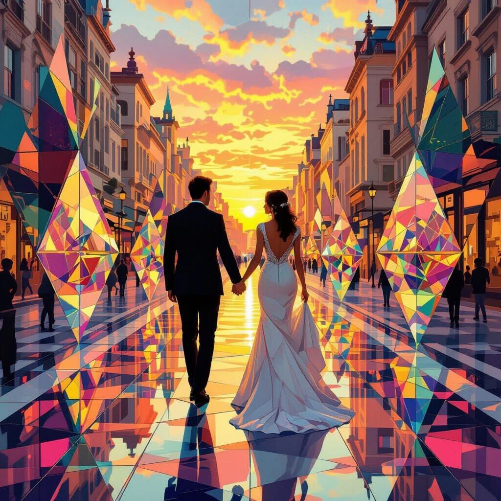 Elegant Couple Stroll in Kaleidoscopic Sunset