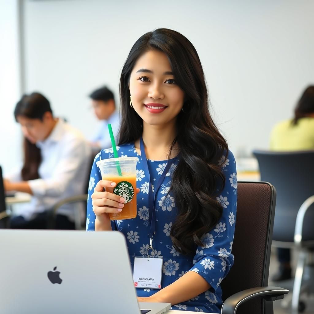 Korean Office Worker with Iced Coffee at Desk