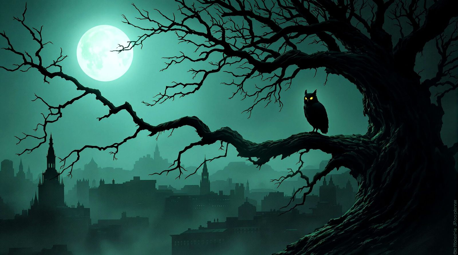 Spectral Owl Over Desolate Cityscape in Dark Fantasy Style