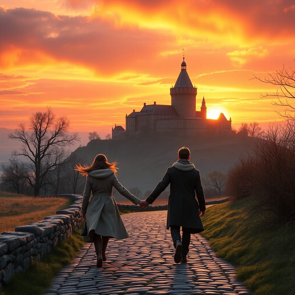 Romantic Couple Amidst Vibrant Sunset and Majestic Castle