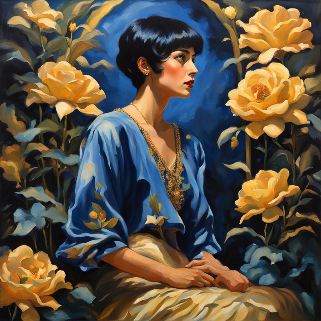 Elegant Noir Woman in Dreamy Garden Painting
