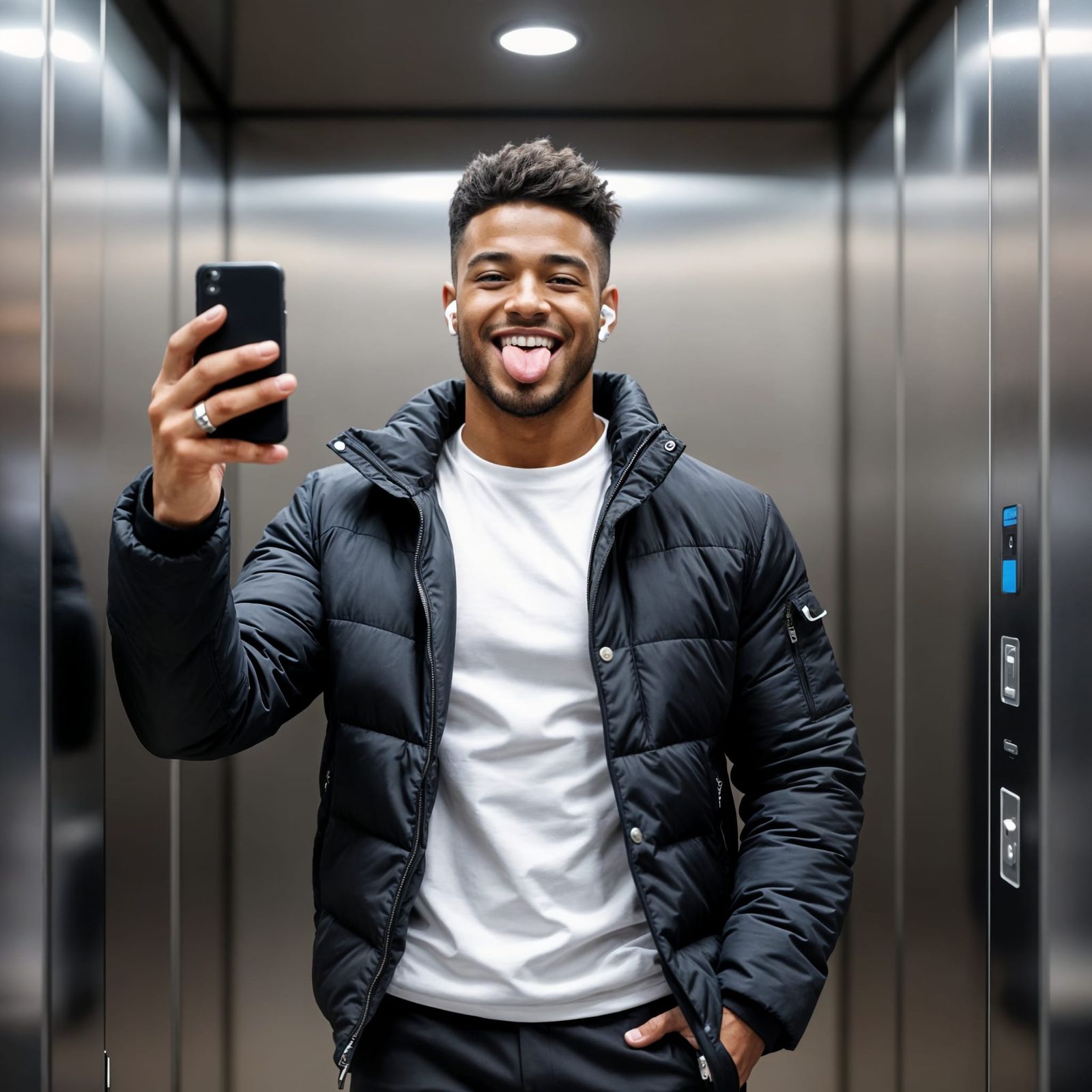 Joyful Selfie in Elevator with Modern Haircut