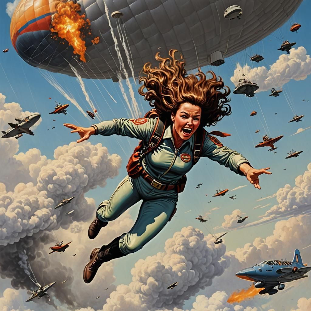 Skydiver Escaping Exploding Zeppelin in Comic Book Style