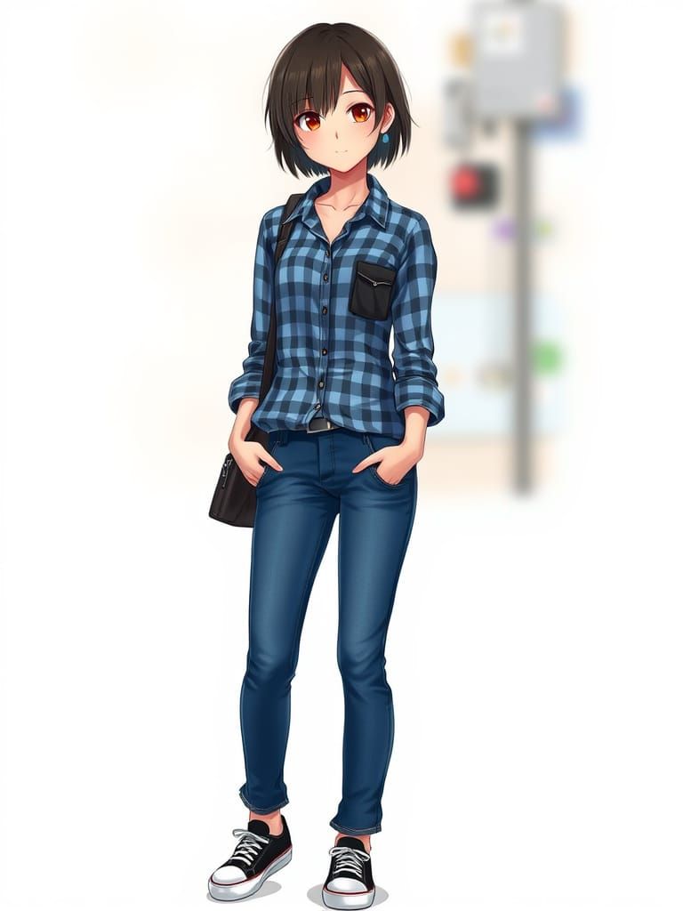 Thai Woman in Gingham Shirt, Anime Style