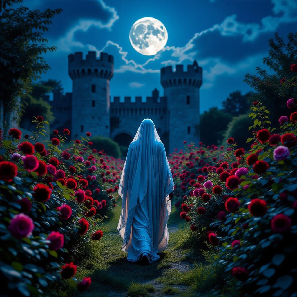 Ethereal Apparition in Rose Garden Under Full Moon