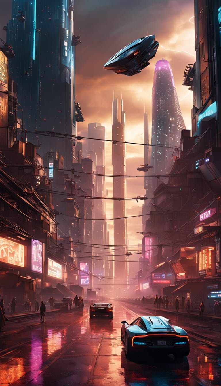 Futuristic Cityscape at Twilight in Cyberpunk Style