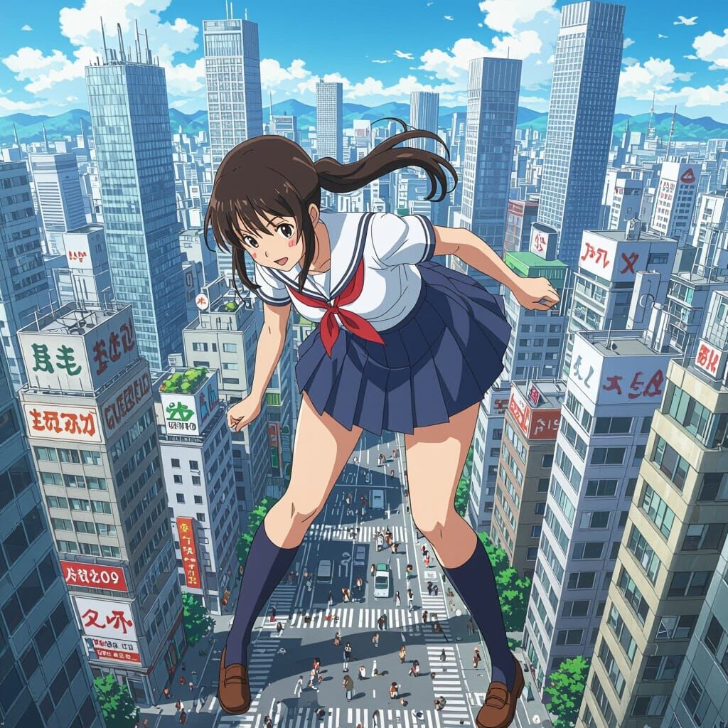 Giant Schoolgirl Over Metropolis in Anime Style