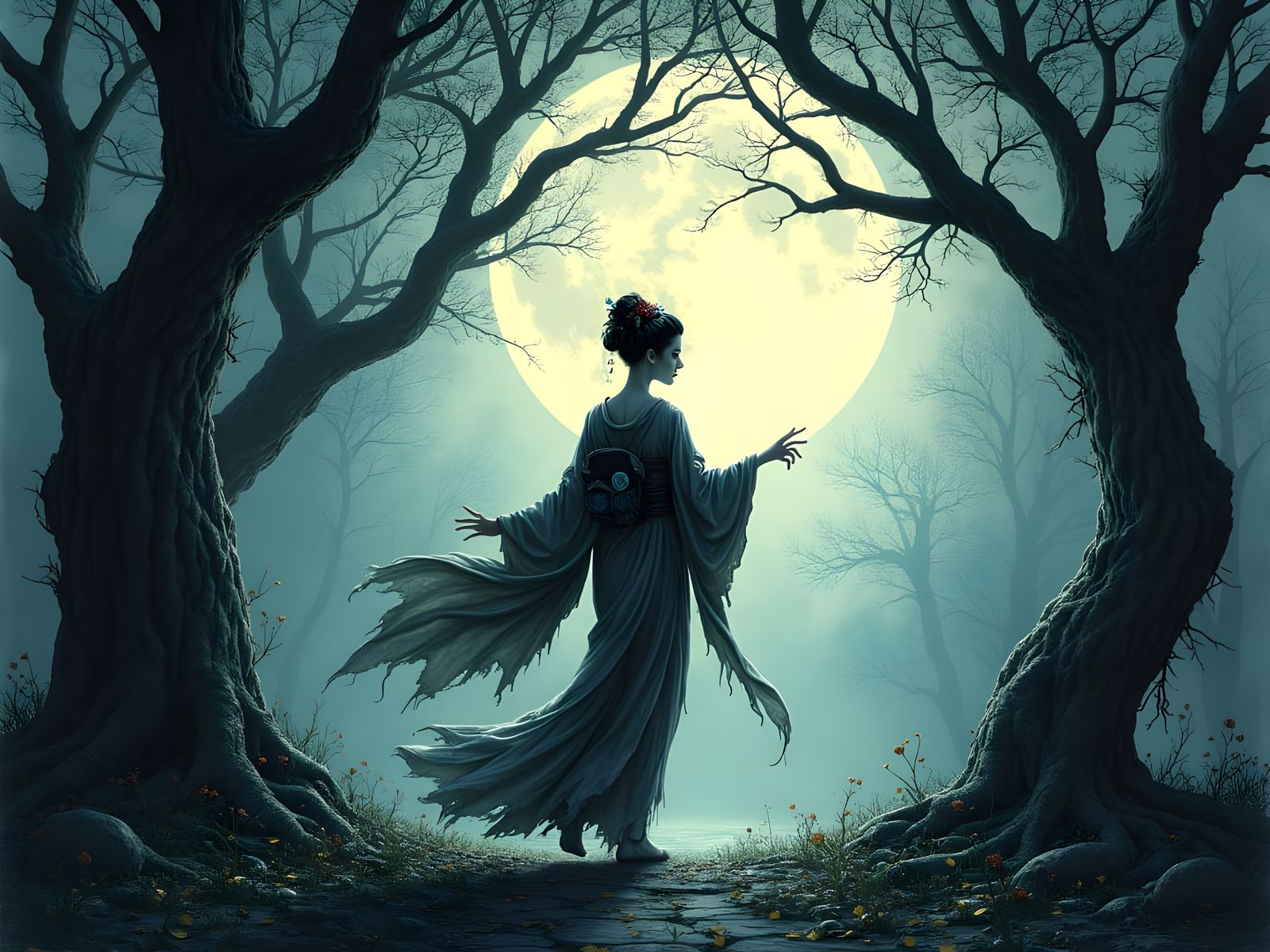 Ghostly Geisha Dance in Haunted Forest, Gothic Horror Style