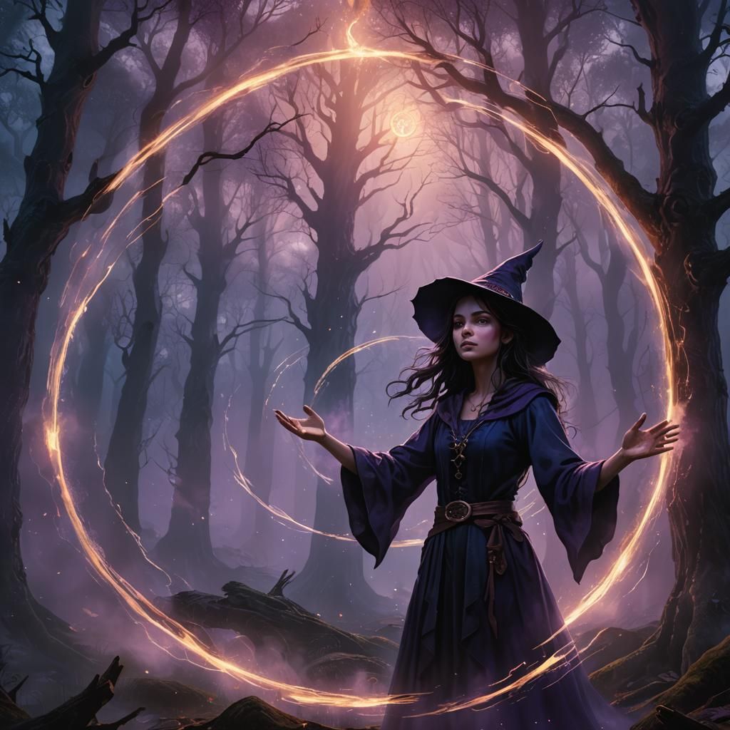 Young Witch Defends Herself in Mystical Circle