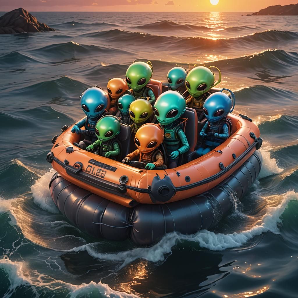 Cute Aliens in Lifeboat at Sunset: Hyperrealistic Art