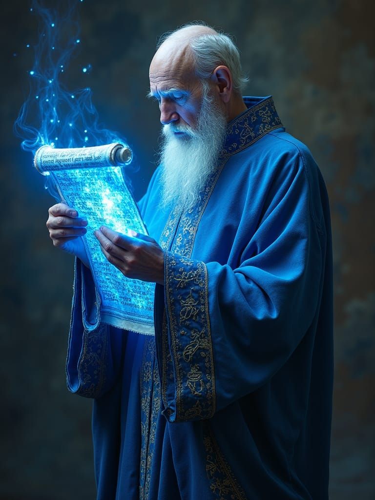 Mystical Scholar in Blue Robes Unveils Ancient Secrets