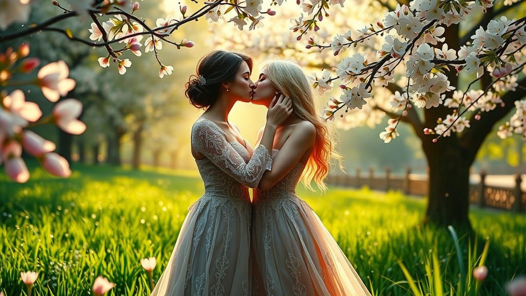 Ethereal Springtime Kiss in Art Nouveau Style