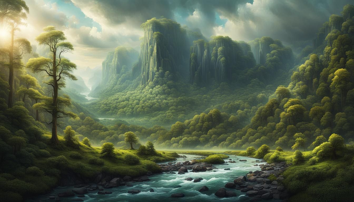 Surreal Forest Valley Landscape with River
