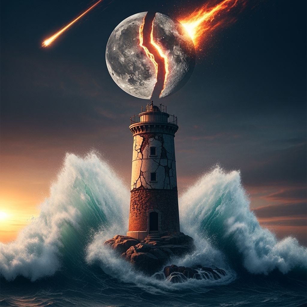 Hyperrealistic Lighthouse Against Tsunami at Dusk