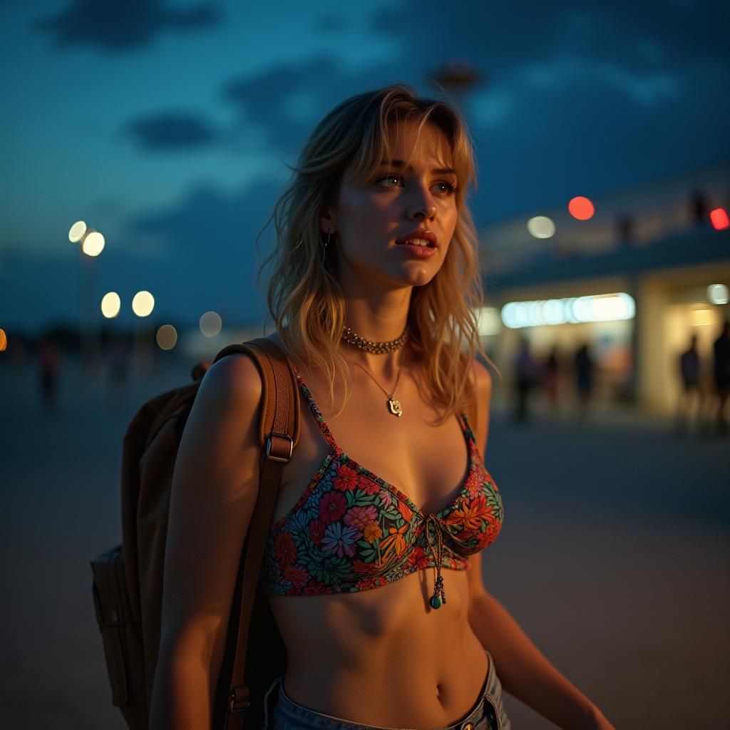 Woman Arriving at Tropical Airport at Night