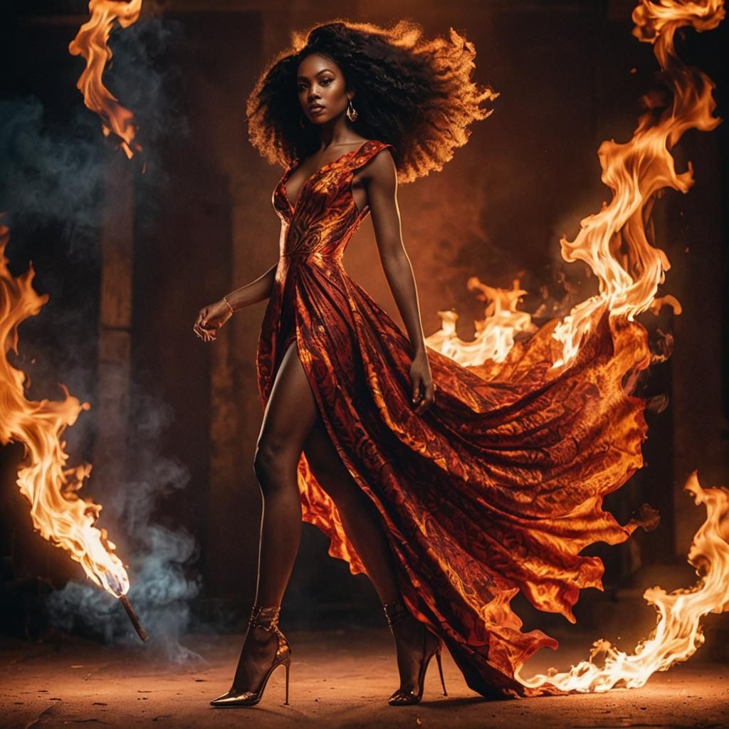 Fiery Portrait of Confident Black Woman in Flame Gown
