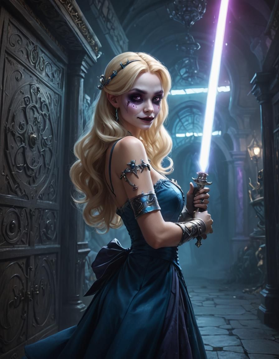 Drow Necromancer as Alice with Lightsaber, Digital Art