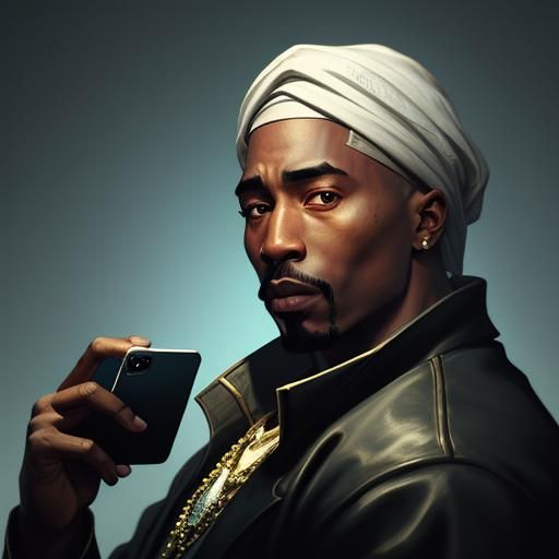 2Pac Portrait with Smartphone, Hyperdetailed Digital Art